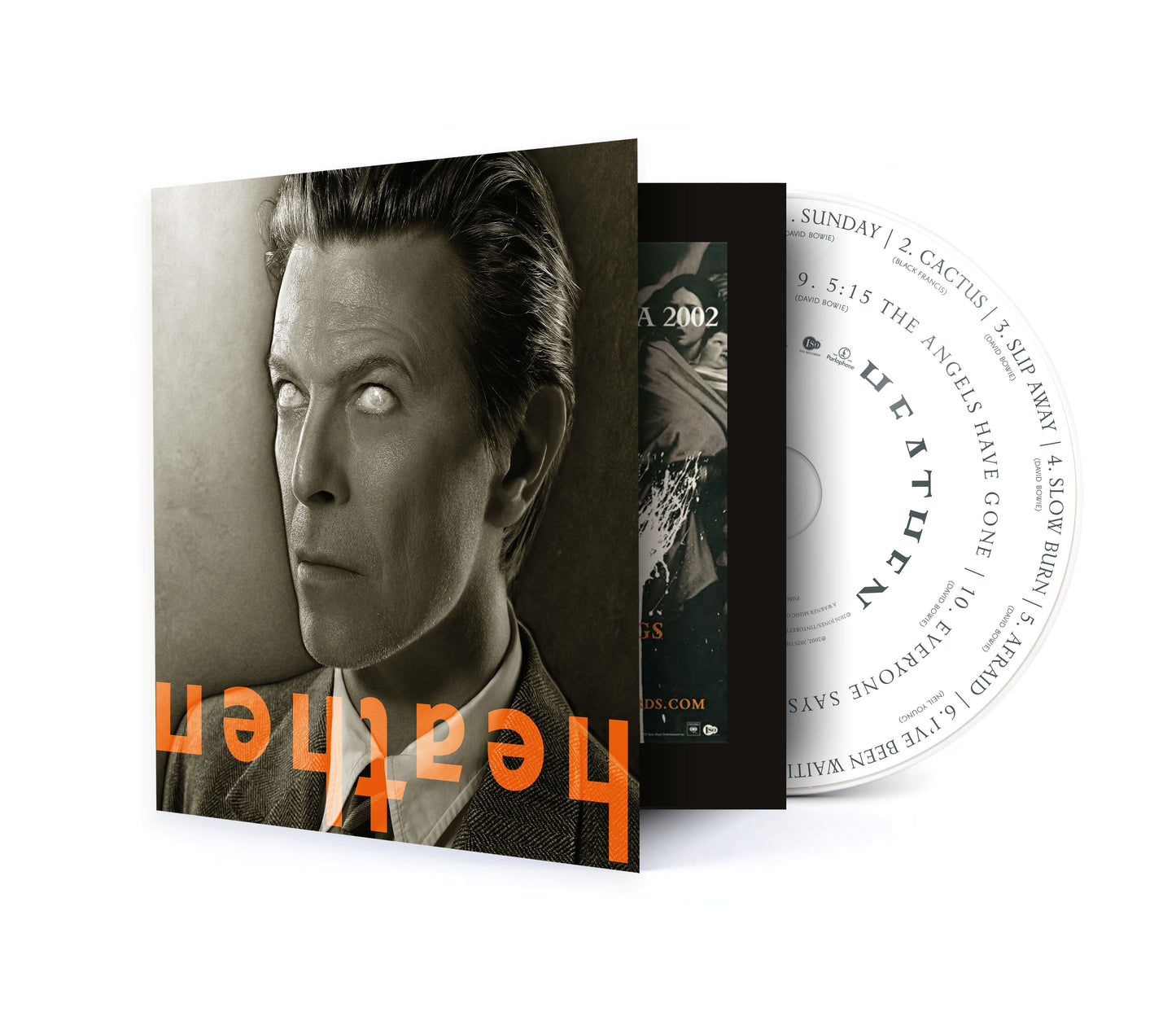 David Bowie’s “Heathen” CD case featuring a close-up portrait and tracklist.