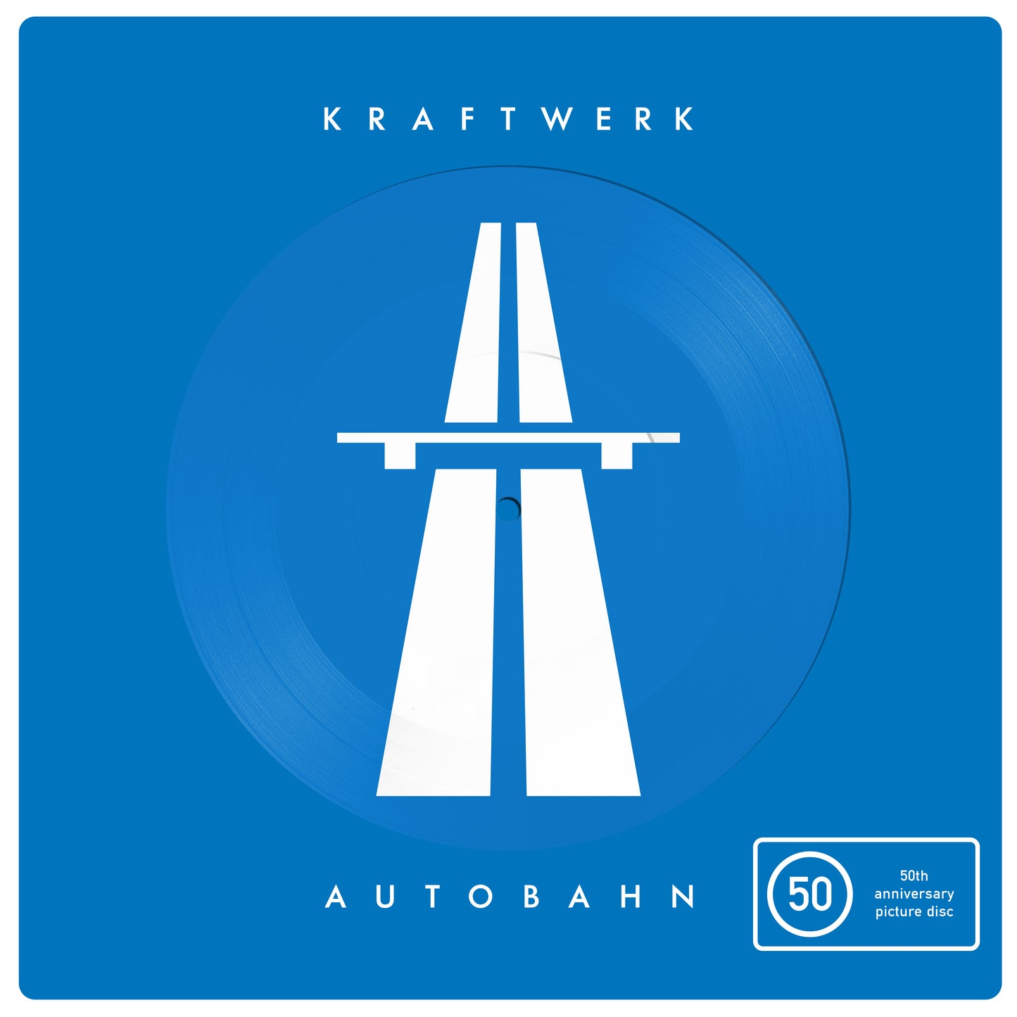 Blue vinyl record with white highway graphic, "Kraftwerk" and "Autobahn" text.