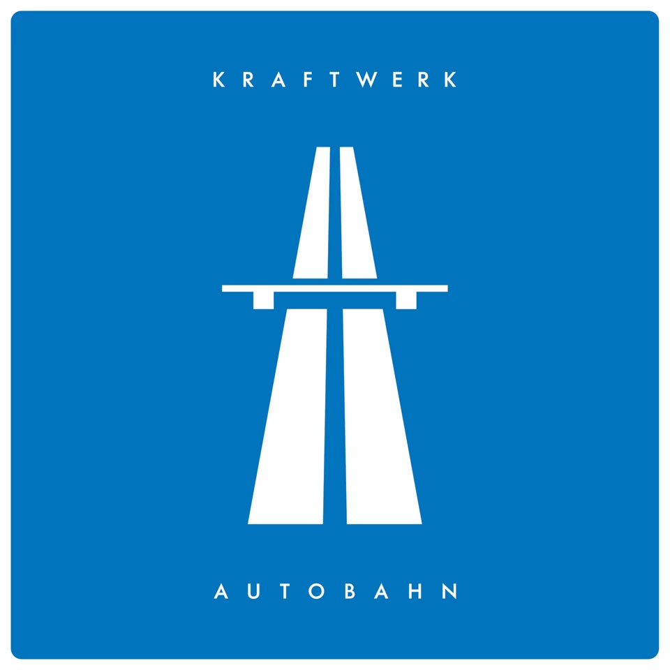 Blue square album cover for Kraftwerk’s “Autobahn” featuring a white highway graphic.