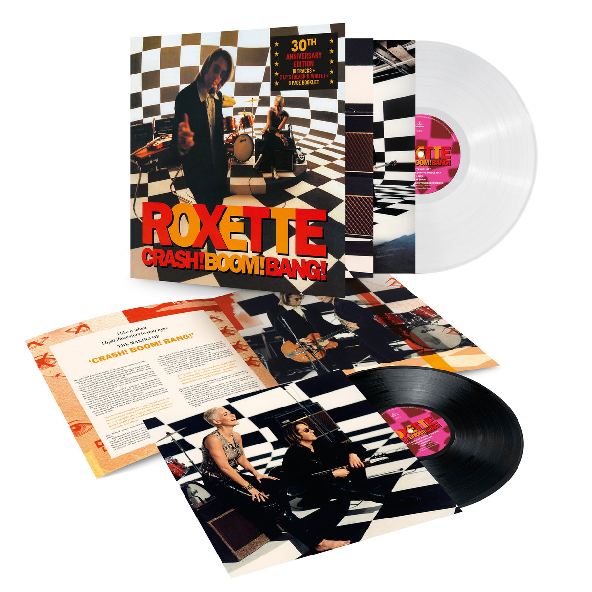 Roxette "Crash! Boom! Bang!" vinyl record, packaging, and booklet displayed.