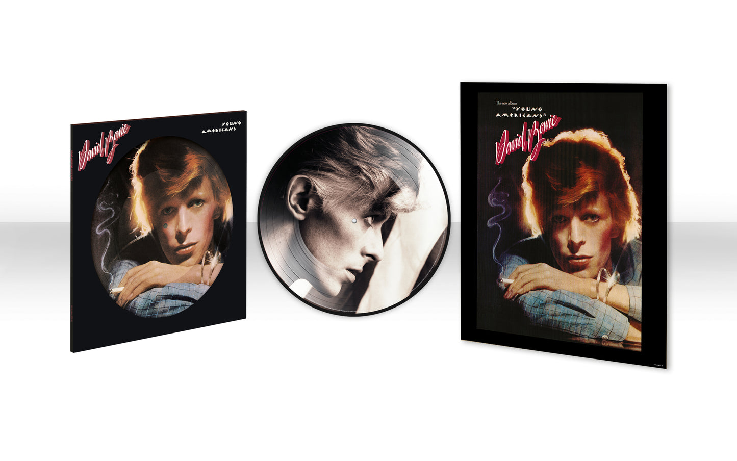 David Bowie’s “Young Americans” vinyl record and album cover with portrait.