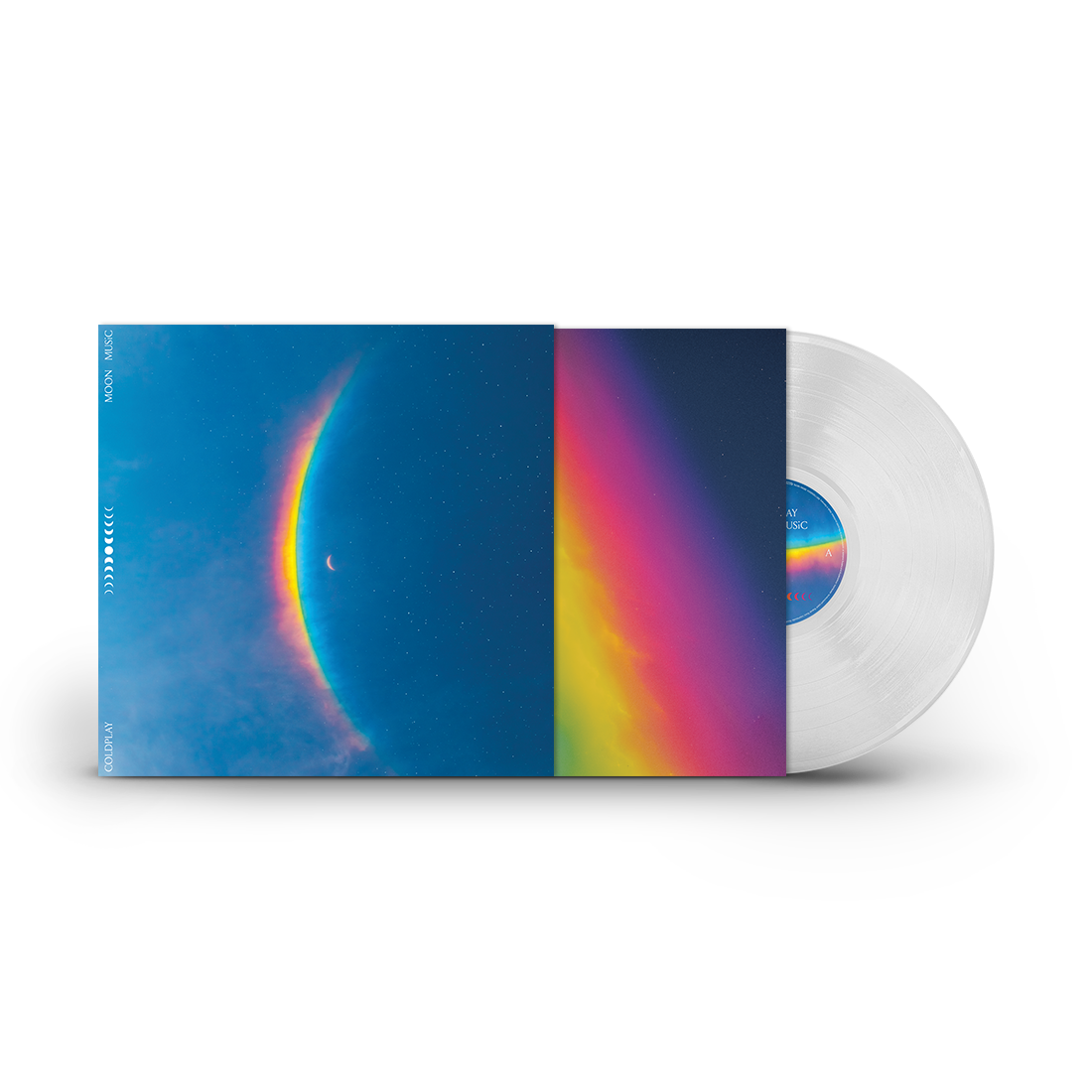 Coldplay Moon Music vinyl record with a colorful nebula cover and translucent silver disc.