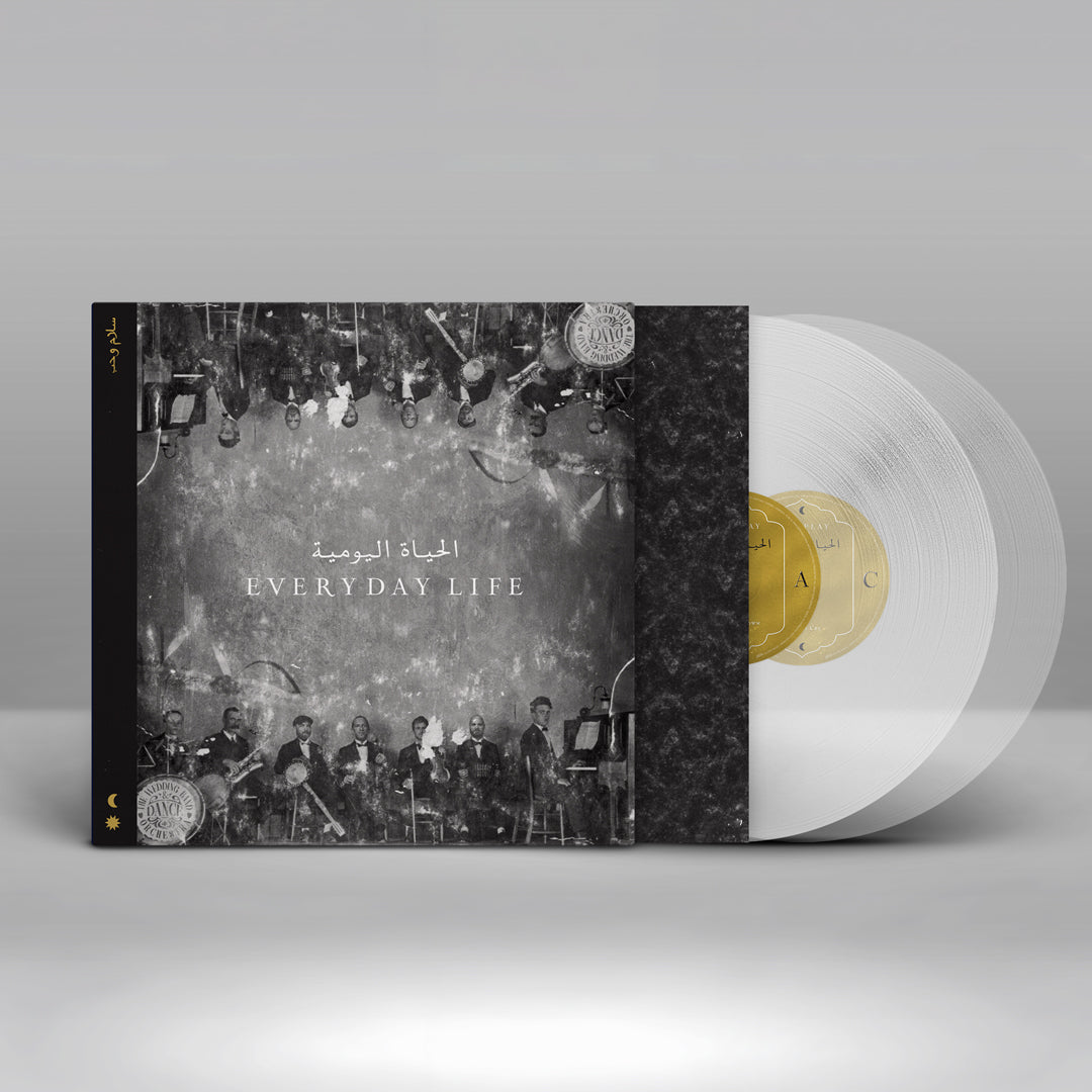 Coldplay Everyday Life album cover with two clear vinyl records featuring gold center labels.