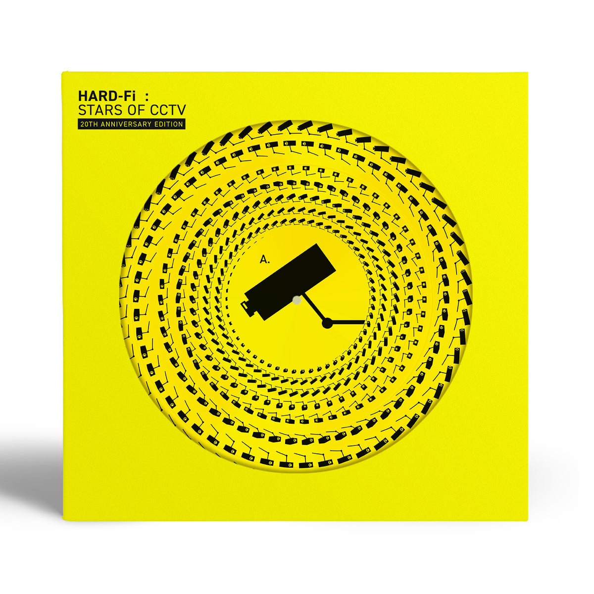 Yellow vinyl record cover with repeating CCTV camera illustrations.