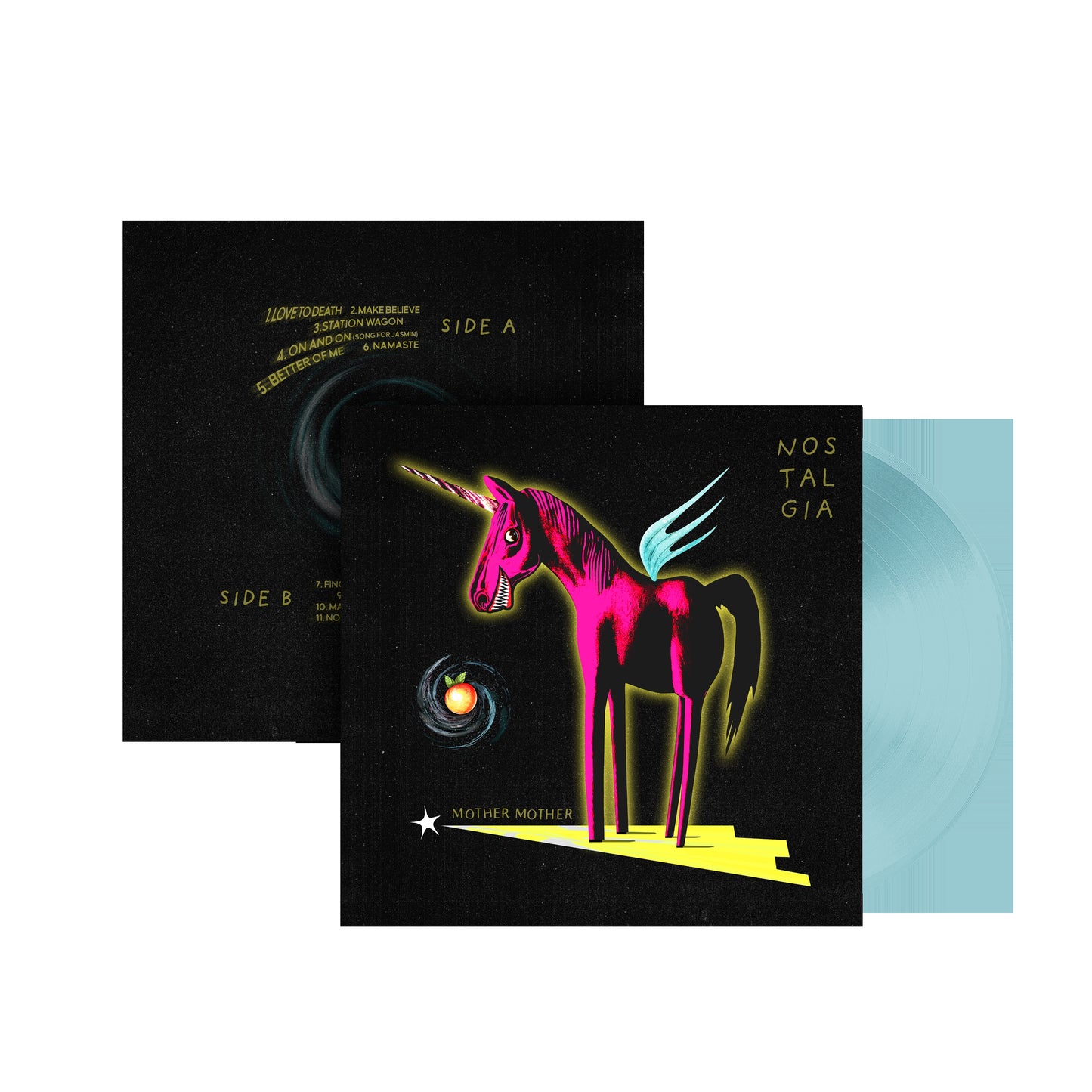 Blue vinyl record for Mother Mother’s “Nostalgia” album, featuring unicorn art.