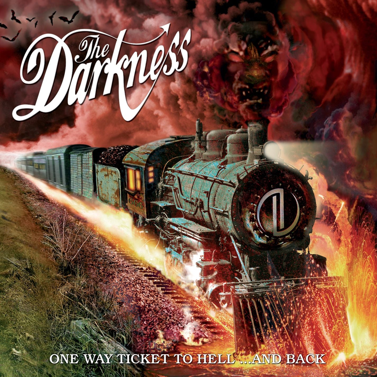 Album cover: a vintage train bursts through a fiery, demonic landscape.