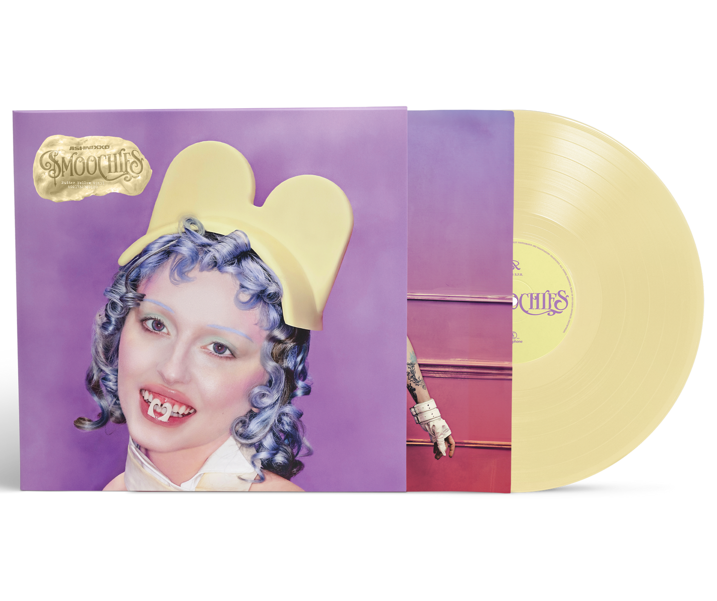 Ashnikko’s “Smoochies” yellow vinyl LP with a stylized portrait cover.