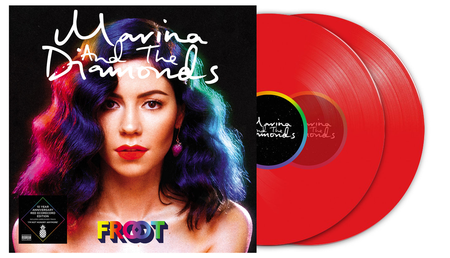 “Froot” vinyl record by Marina and the Diamonds, with red discs and cover.