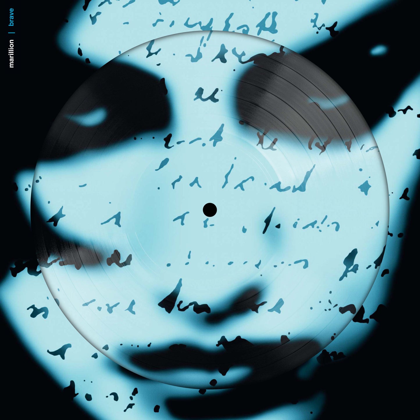 Two blue and black picture disc vinyl records with a face image.