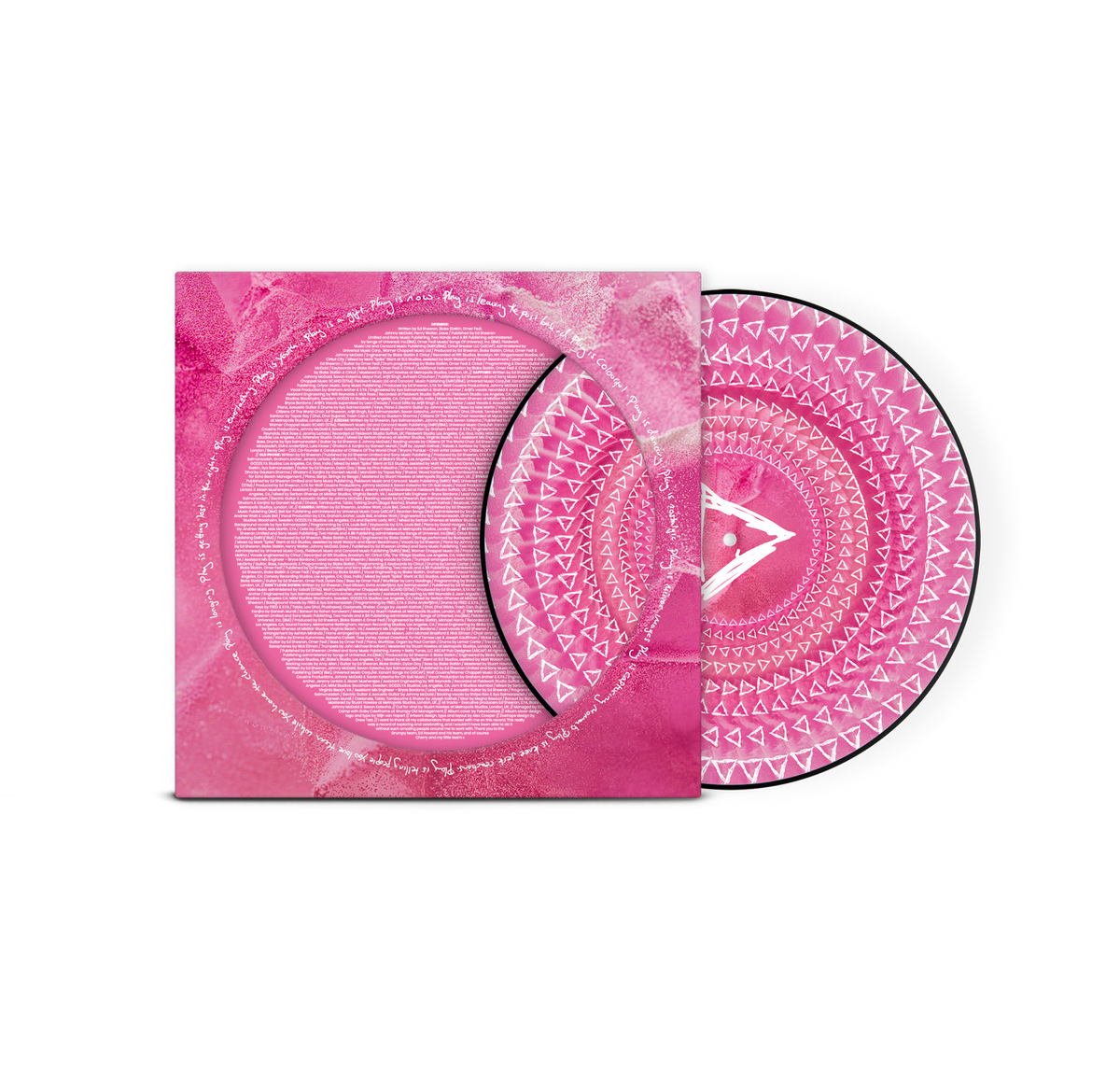Pink Ed Sheeran "Play" vinyl record with geometric pattern and text.