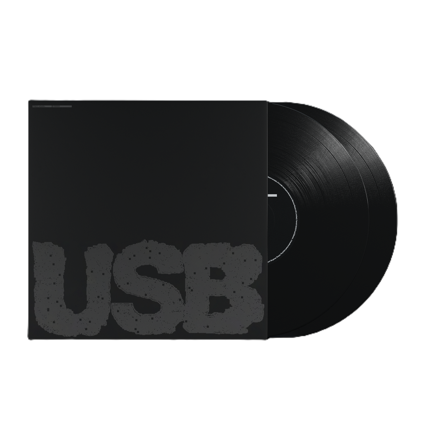 Black vinyl record with black sleeve displaying large white "USB" text.