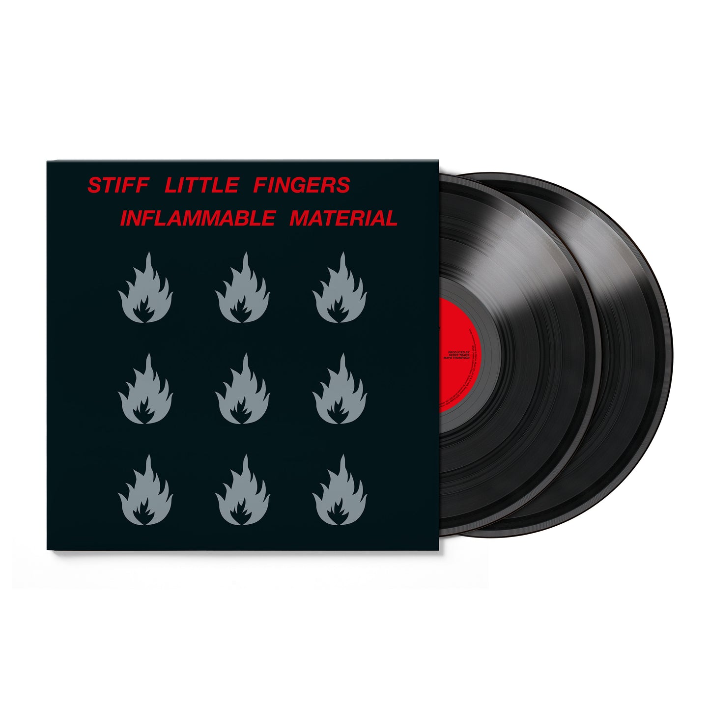 Stiff Little Fingers "Inflammable Material" vinyl record with fiery album art.