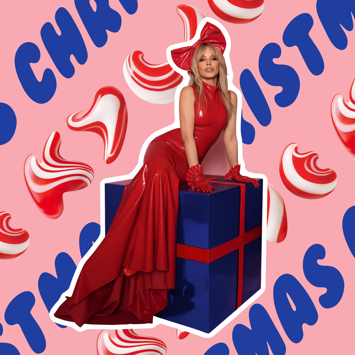 Kylie Minogue in red dress on a blue gift box, festive background.