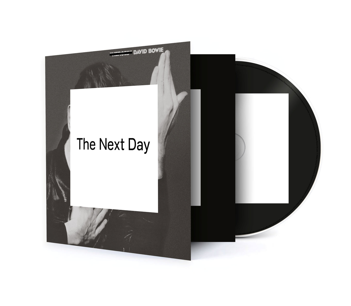 David Bowie’s “The Next Day” CD case, black and white, hand reaching out.