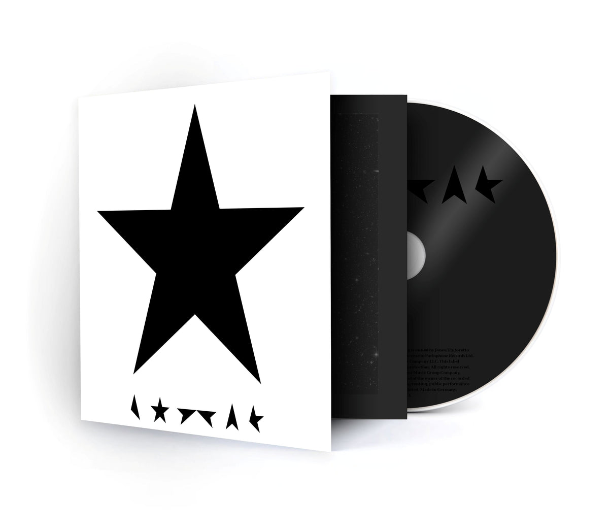 David Bowie’s “Blackstar” CD in jewel case, featuring a black star symbol.