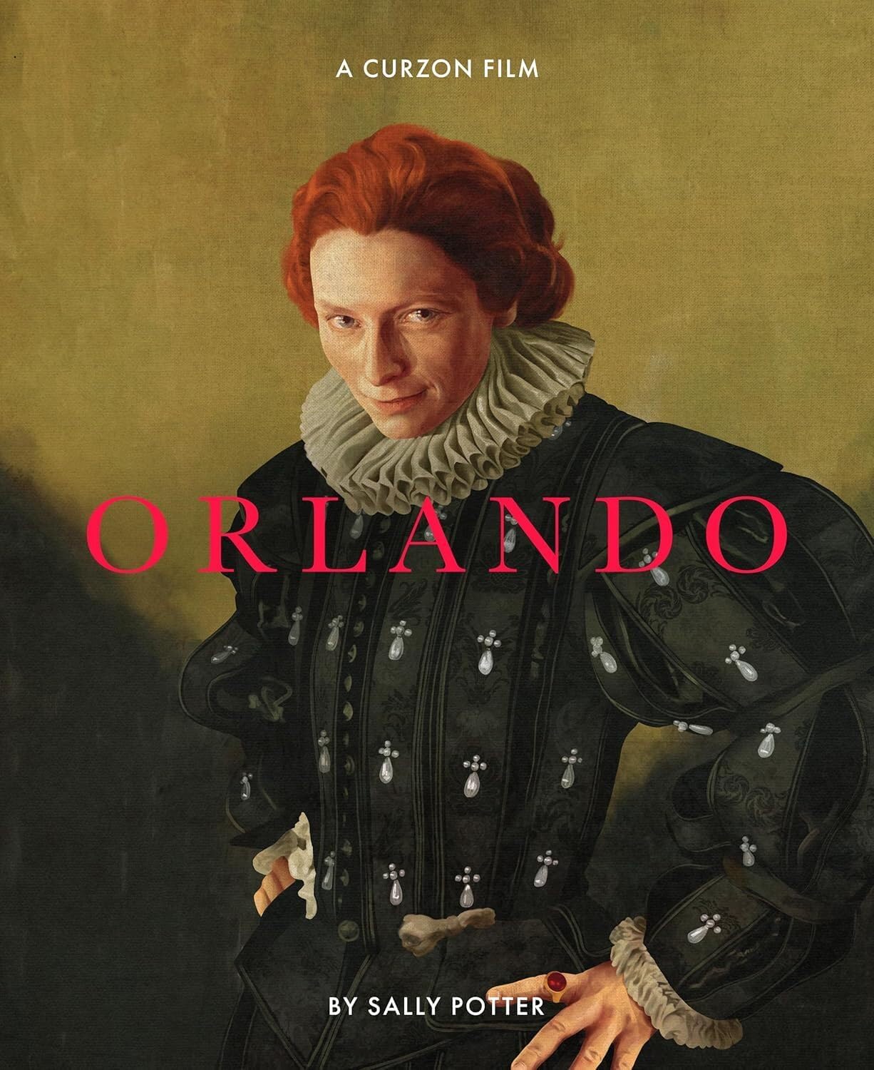 Film poster for "Orlando" featuring Tilda Swinton in period costume.