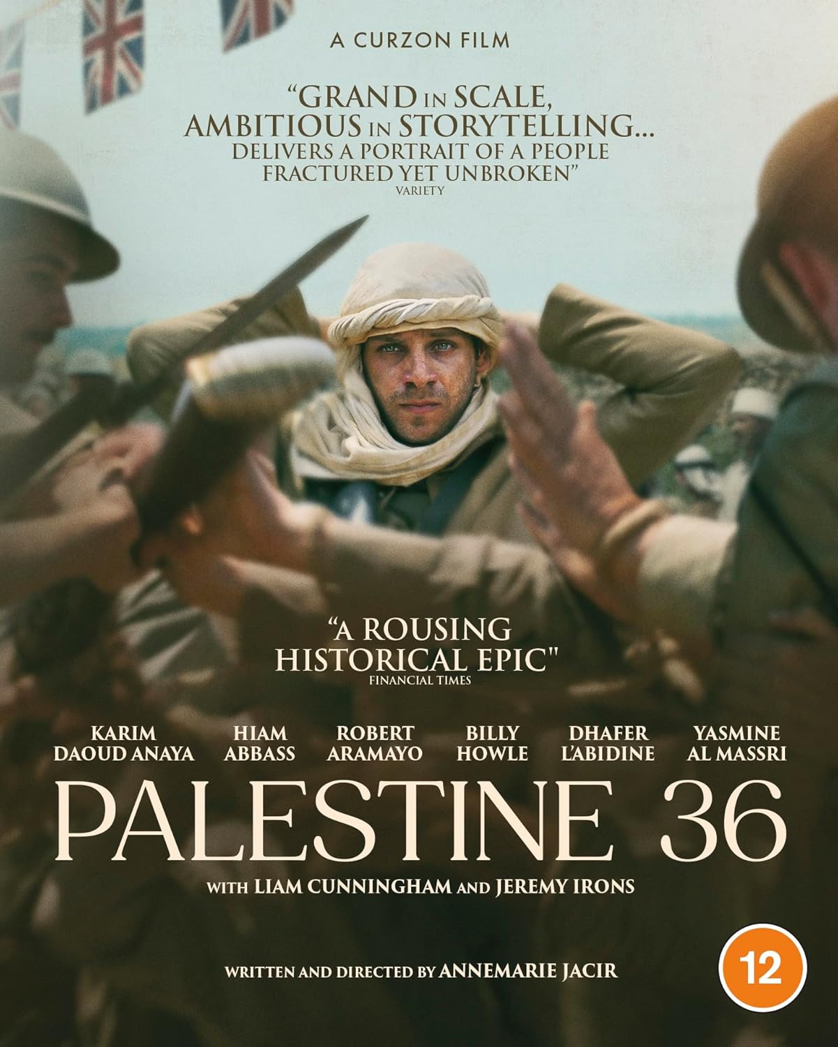 Blu-ray cover for Palestine 36 featuring a man in a keffiyeh surrounded by soldiers.