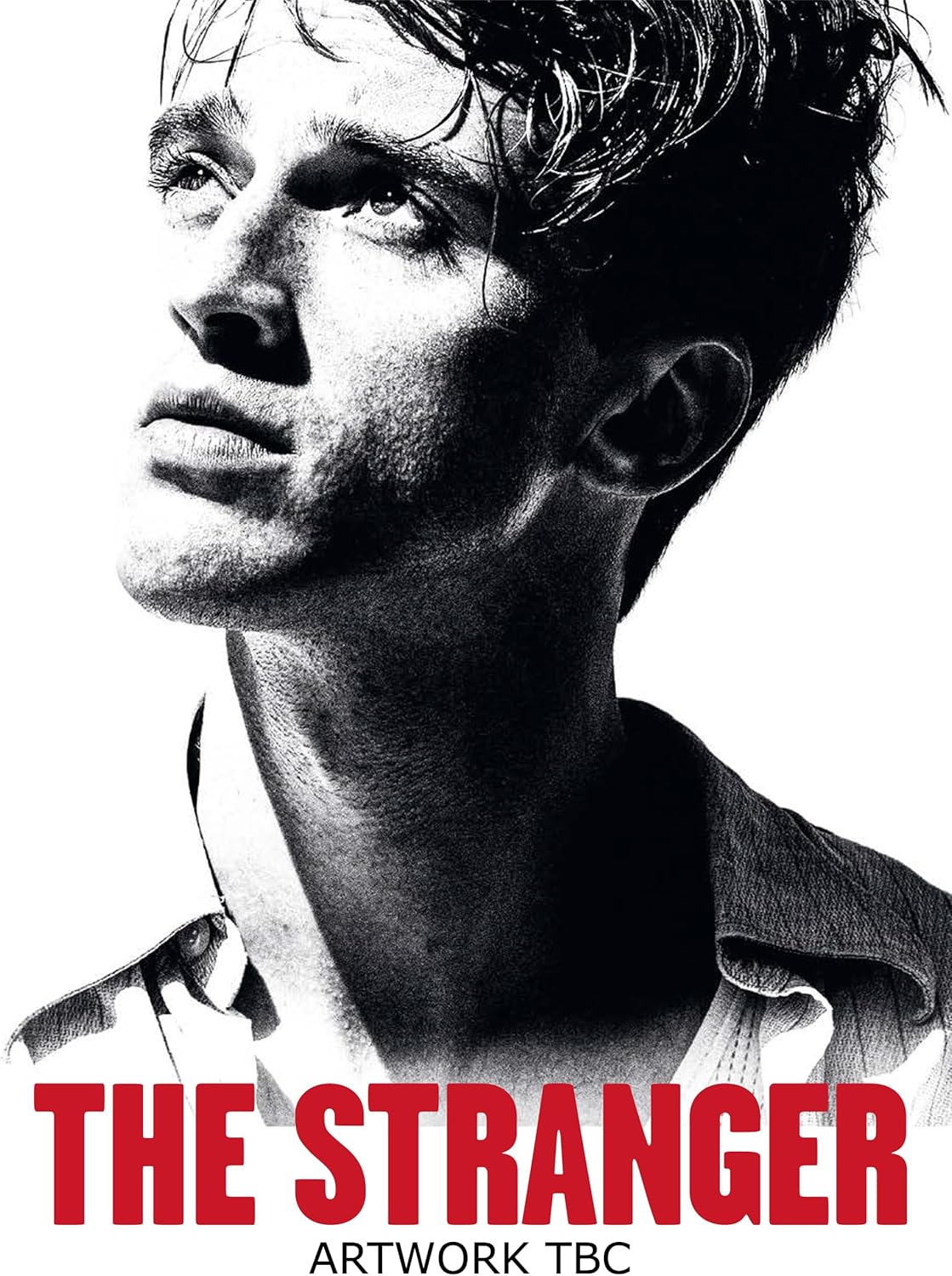 Close-up of a man’s face in black and white, with the title “The Stranger.”