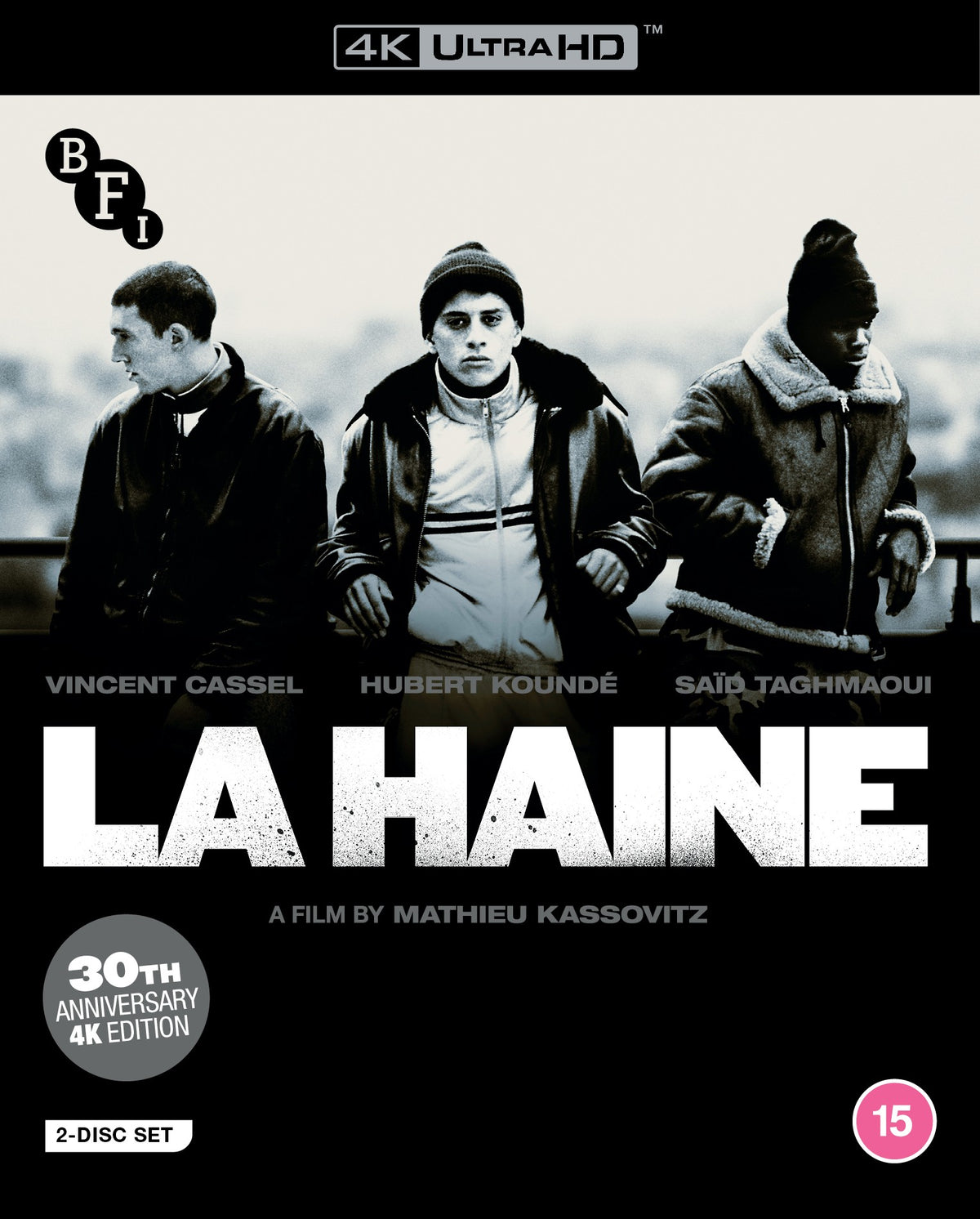 “La Haine” UHD Blu-ray cover featuring three young men in dark clothing.