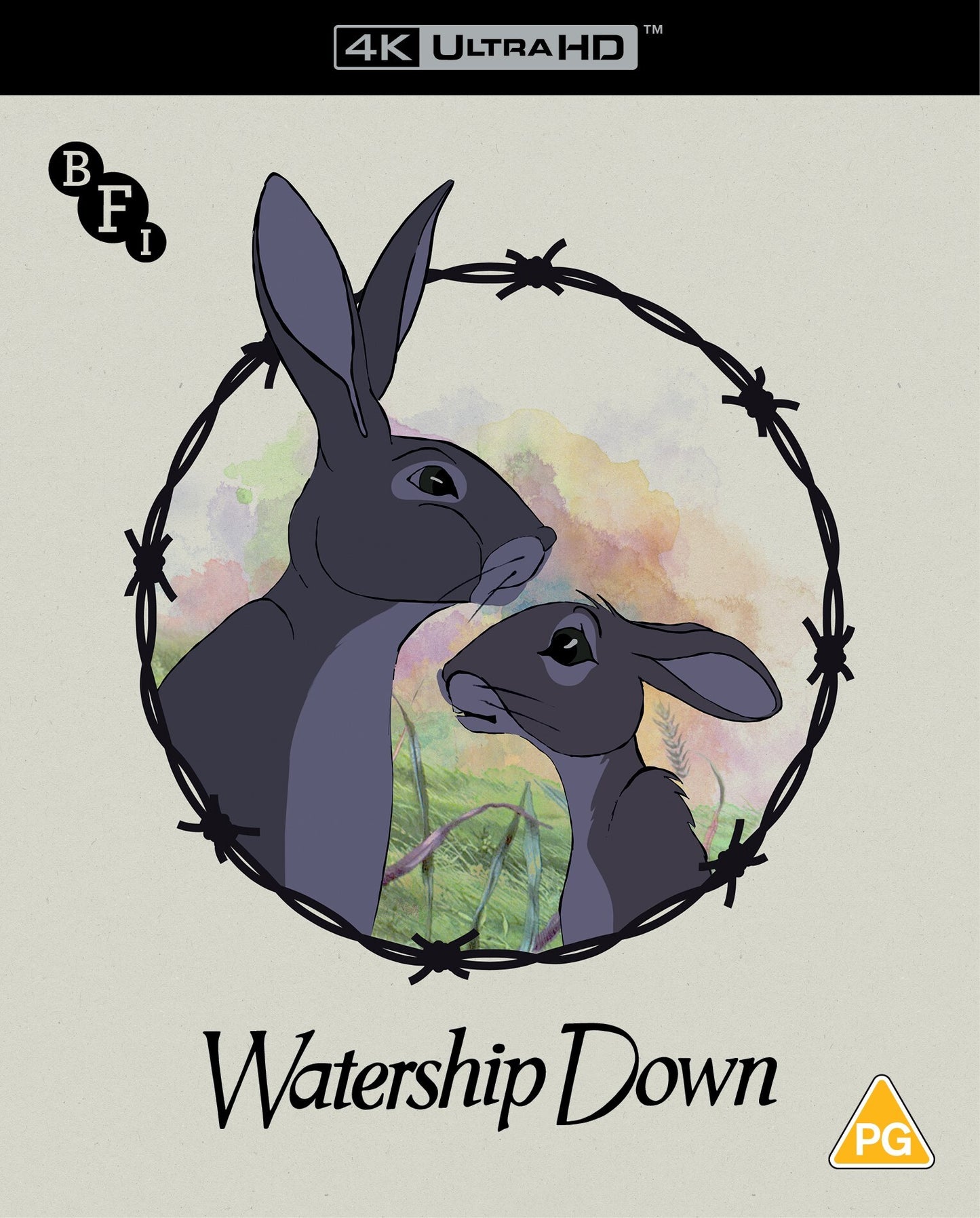 Two rabbits surrounded by barbed wire on a beige background with grass behind.