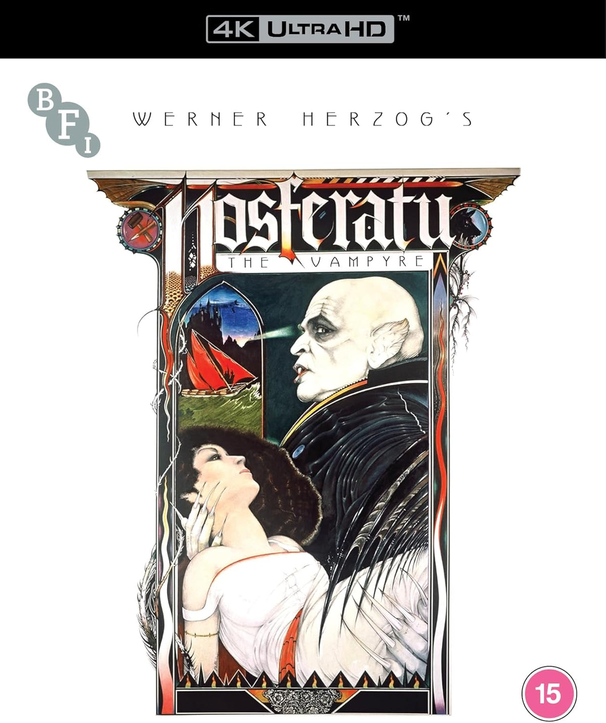 Nosferatu movie poster: vampire, woman, and stylized gothic imagery.