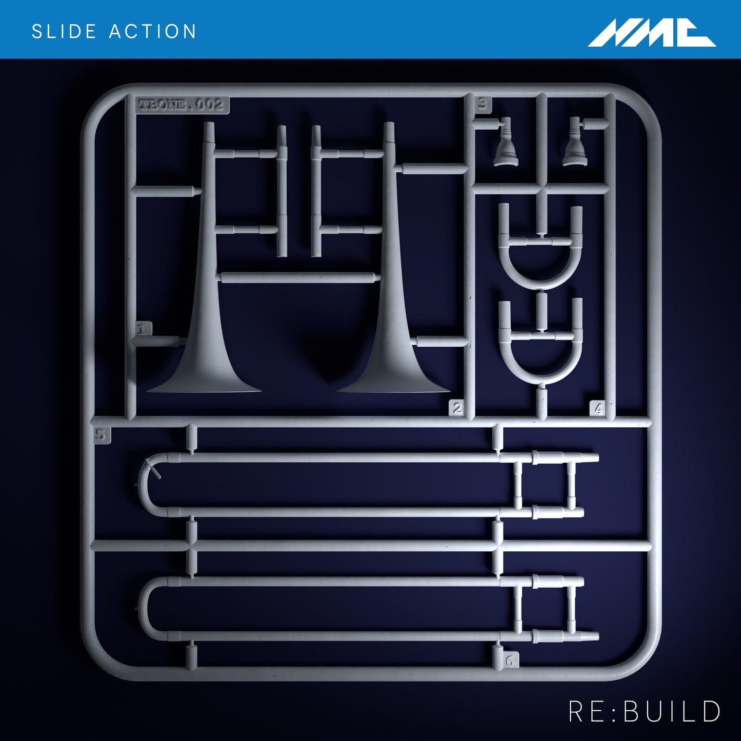 Gray plastic model kit sprue for building a mechanical slide action.