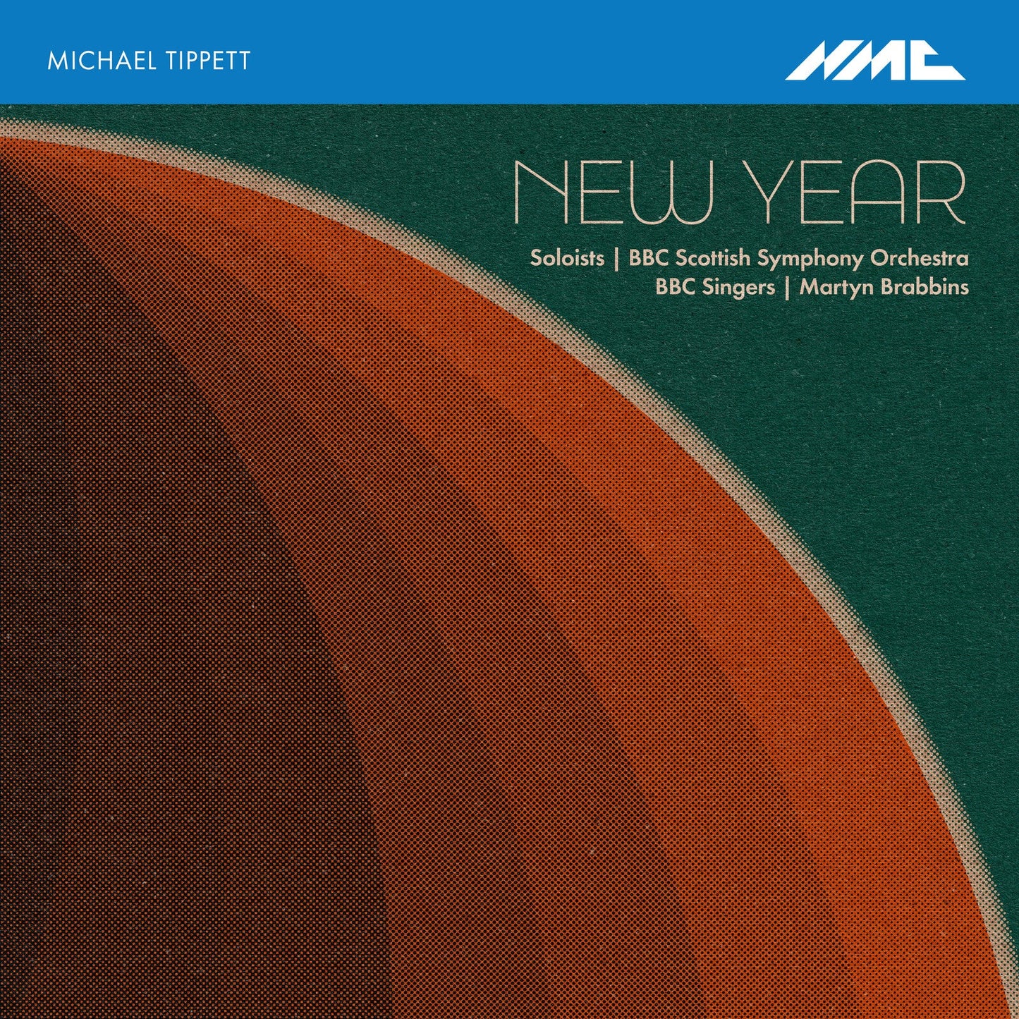 CD cover for Michael Tippett’s “New Year” with abstract orange and blue design.
