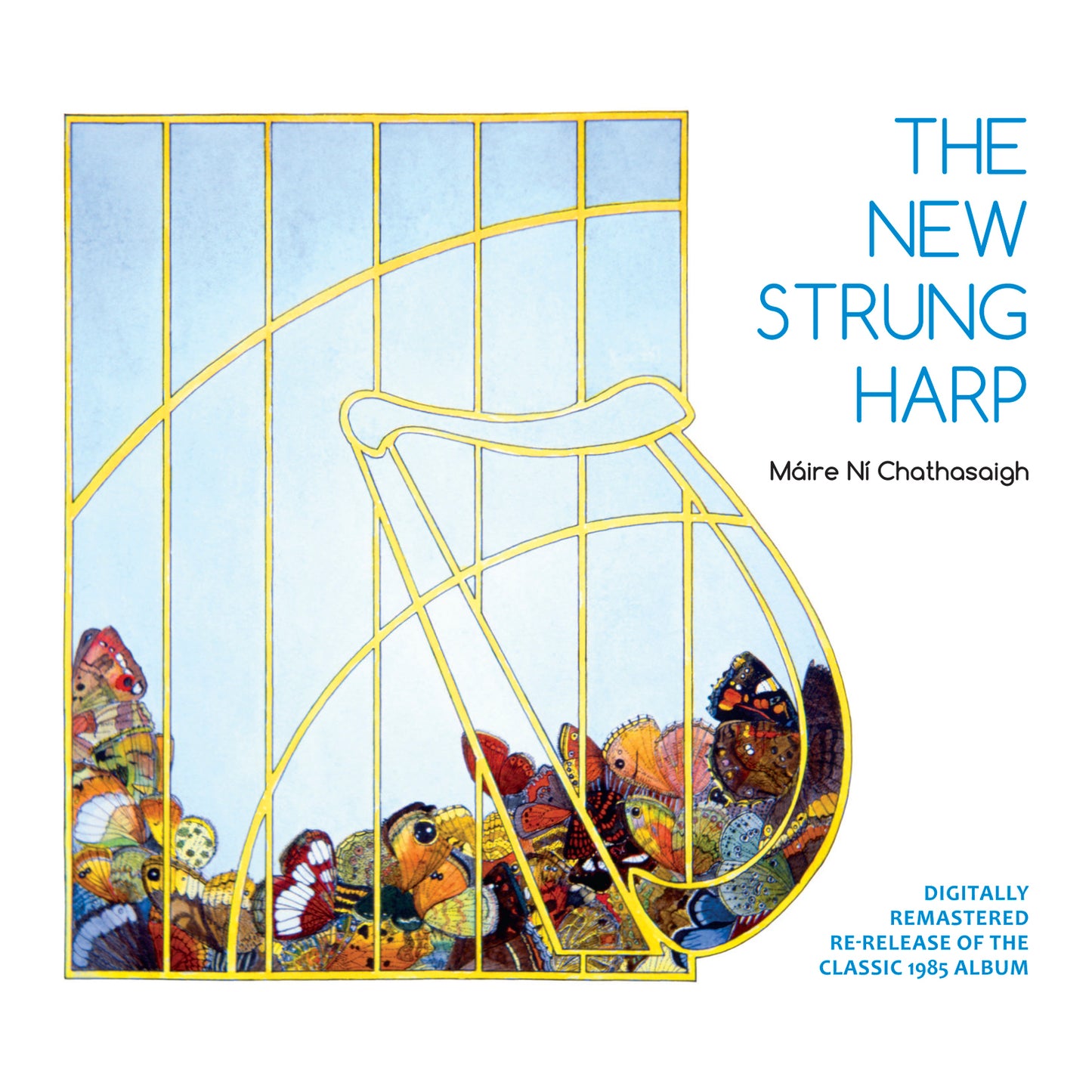 CD cover for "The New Strung Harp" featuring harp-shaped butterfly illustration.