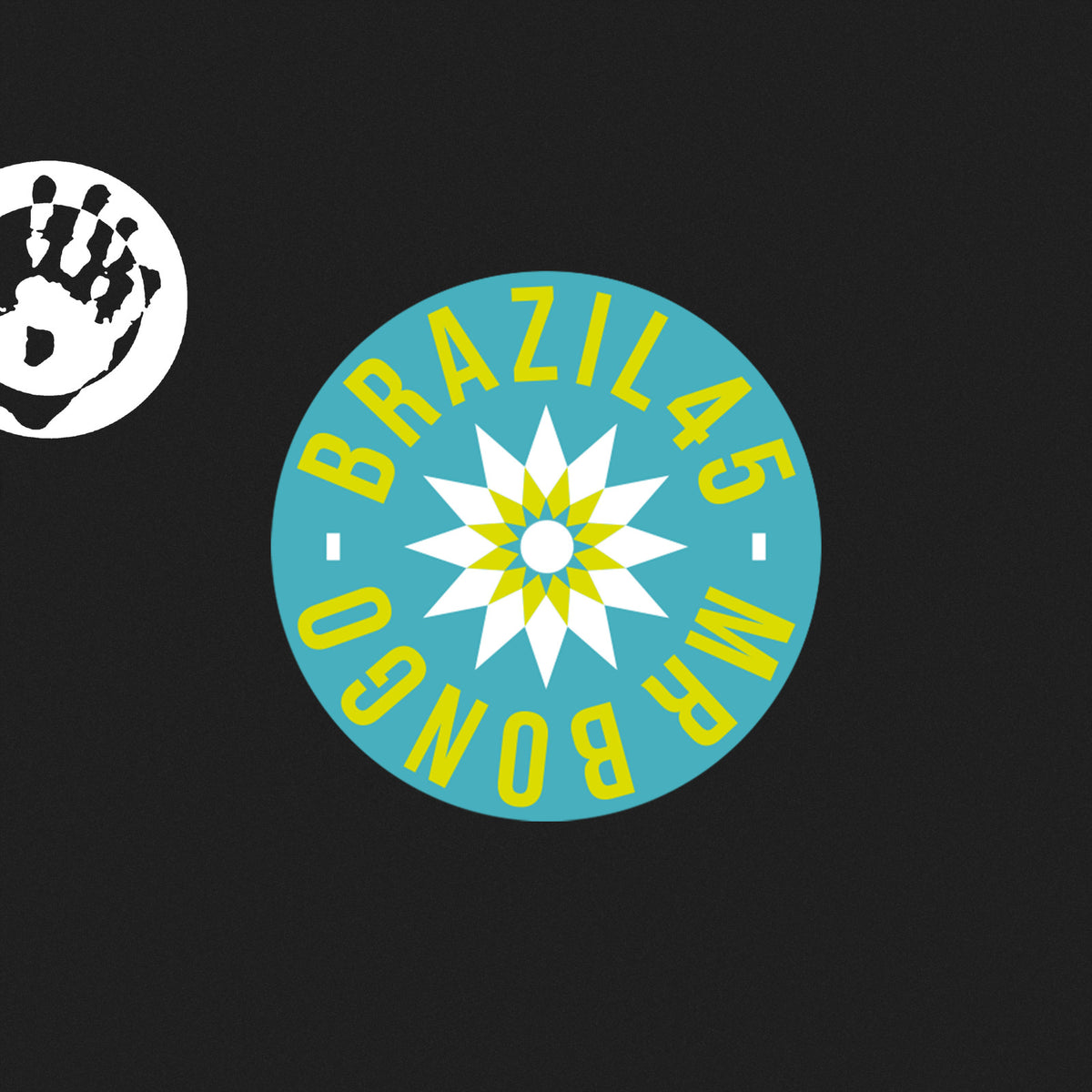 Vinyl record label with a stylized sunburst and hand graphic.