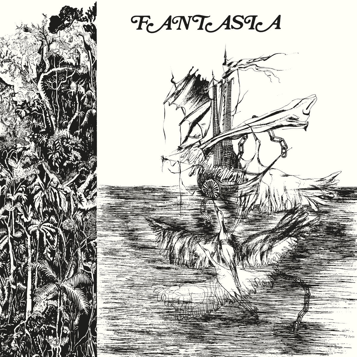 Black and white illustration of a fantastical ship on water, album cover.