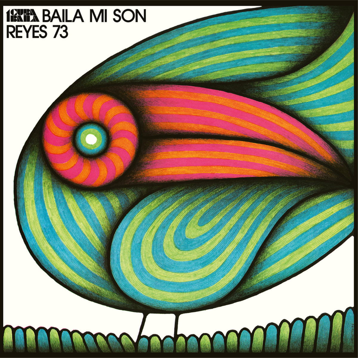 Colorful abstract illustration of an eye with curved lines and text.