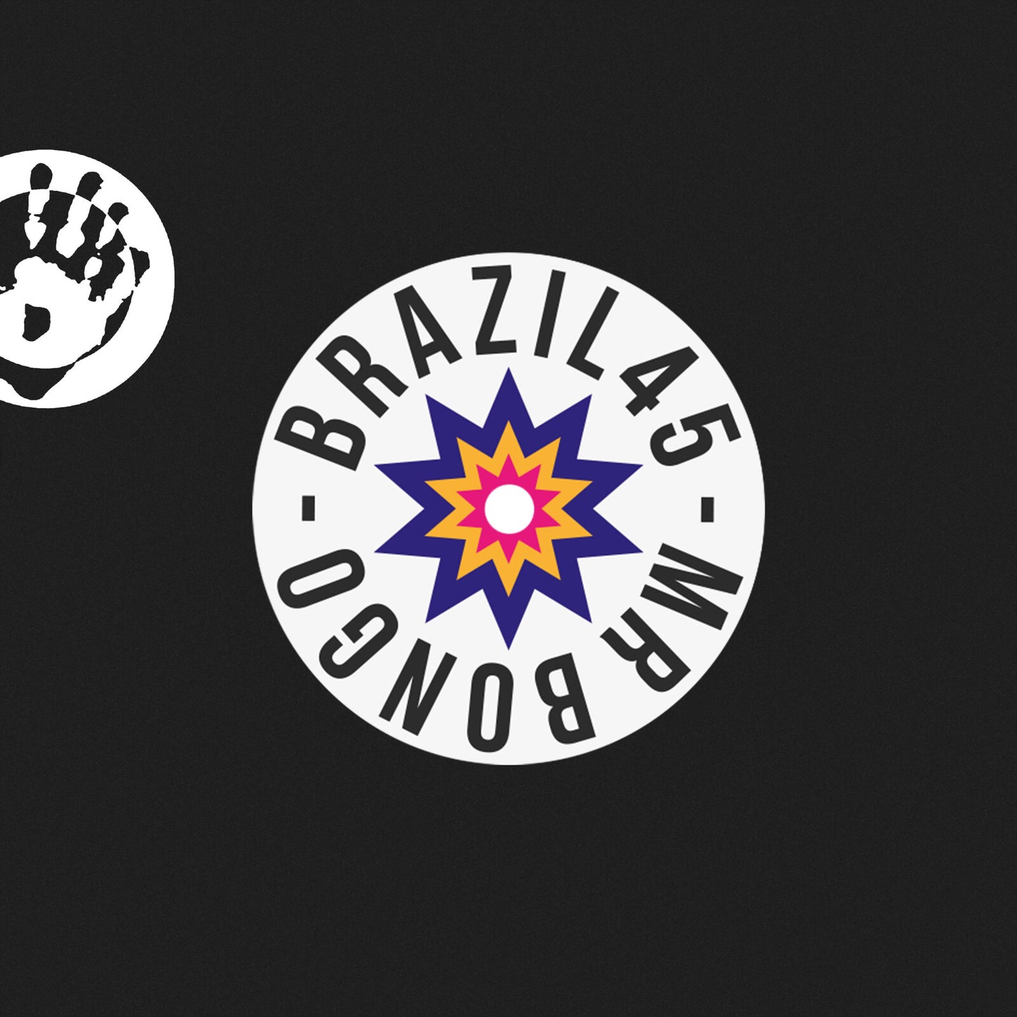 Vinyl record label with a colorful starburst and handprint graphic.