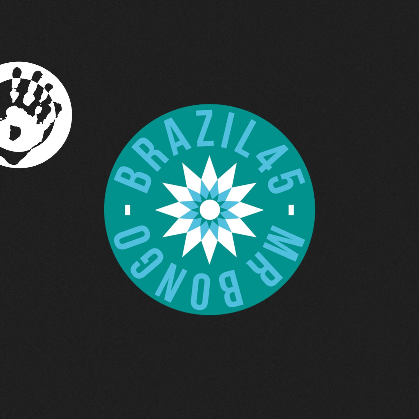 Vinyl record label with a stylized hand and starburst design.