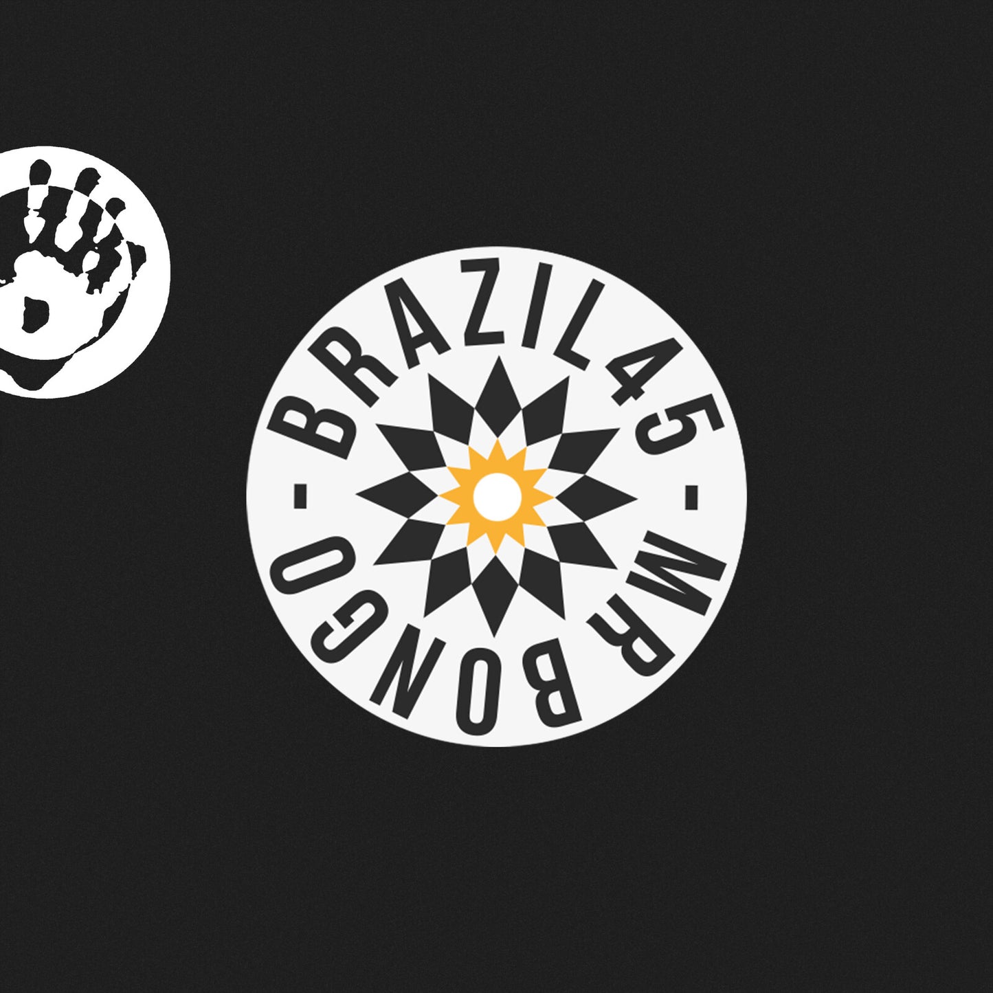 Record label logo: Brazil45 with sunburst and handprint graphic.
