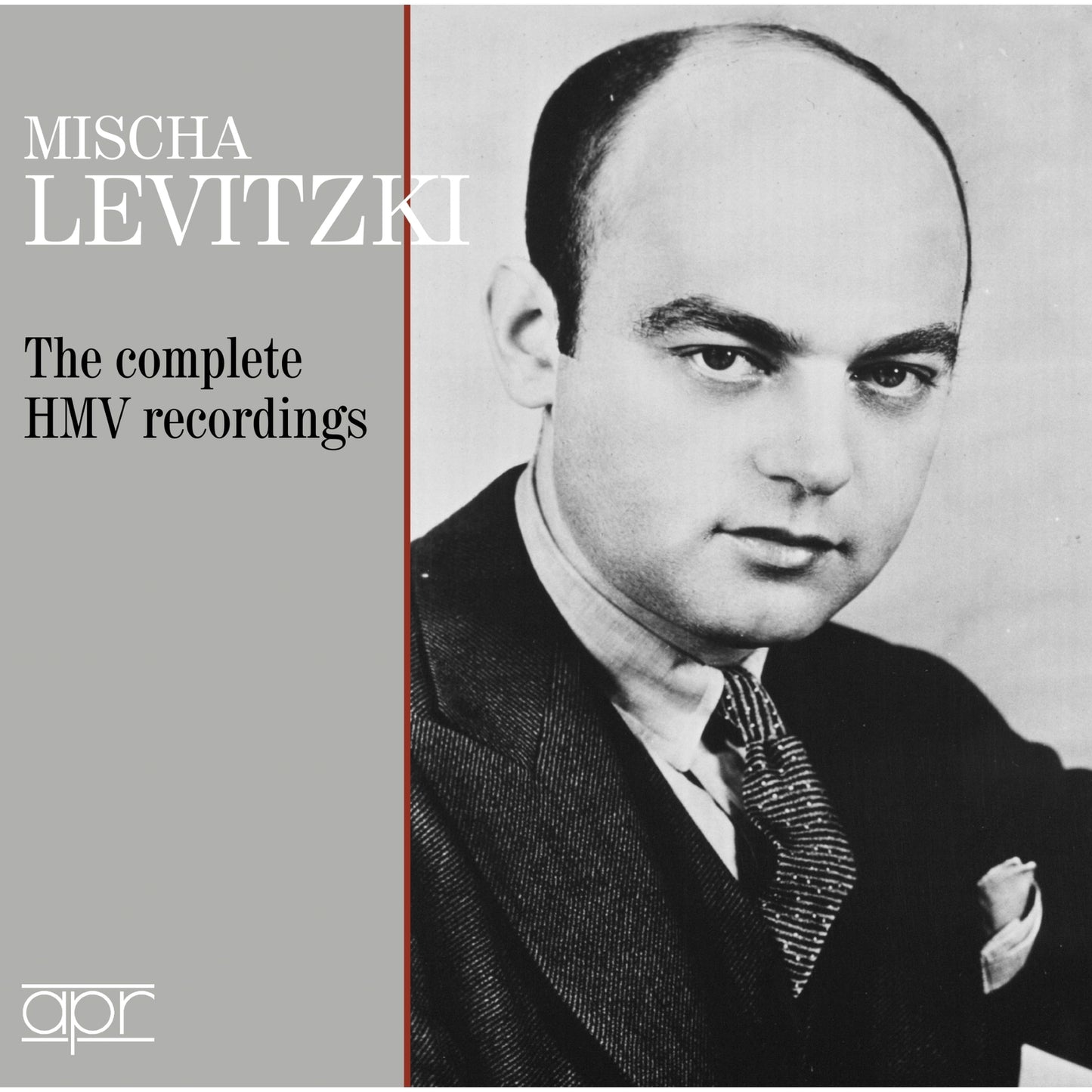 Black and white portrait of pianist Mischa Levitzki, with text overlay.