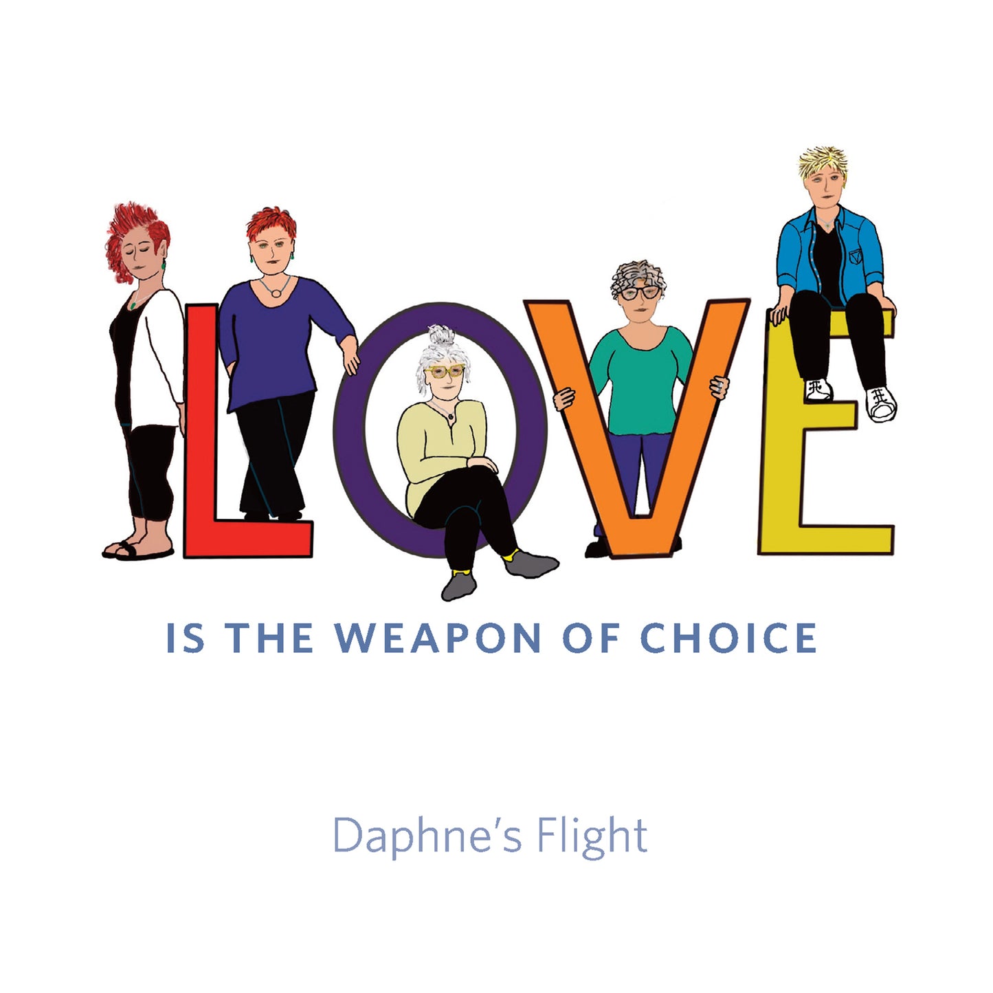Colorful illustration of people forming the word "LOVE" with text below.