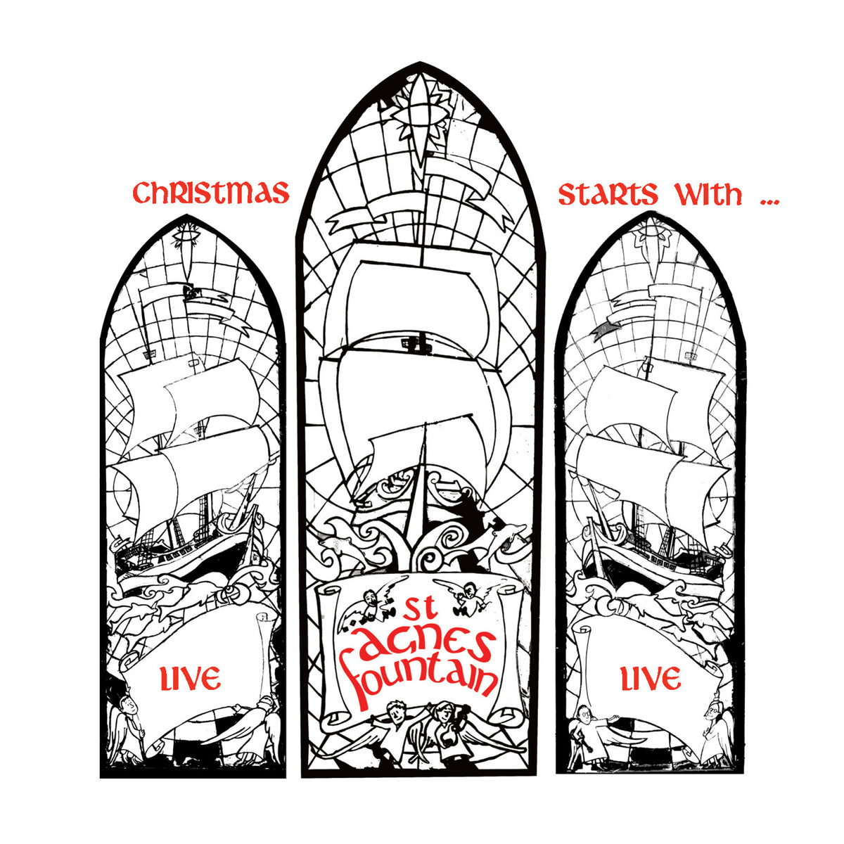 Black and white illustration of a gothic stained-glass window with ships.