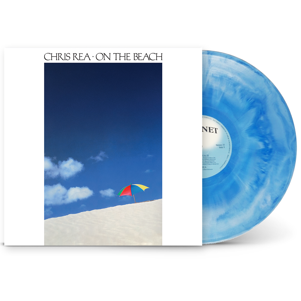 Chris Rea's "On The Beach" 40th Anniversary vinyl record with blue swirl coloring.