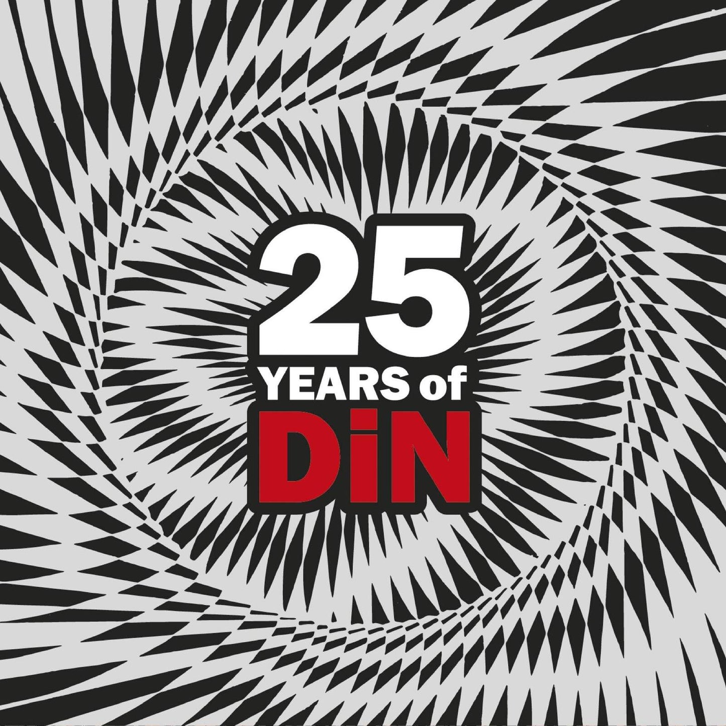 CD cover for “25 Years of Din” with black and white spiral design.