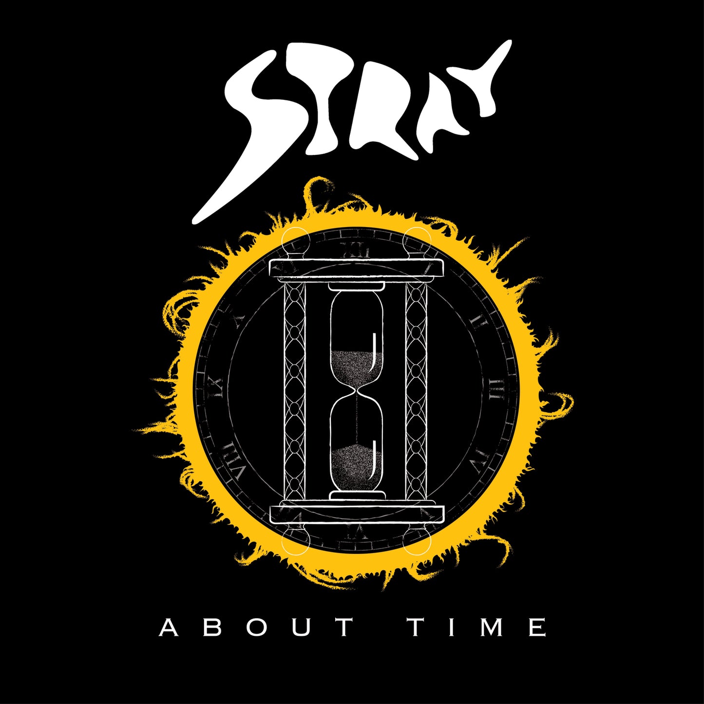 CD cover: "Stray - About Time" with hourglass and sunburst design.
