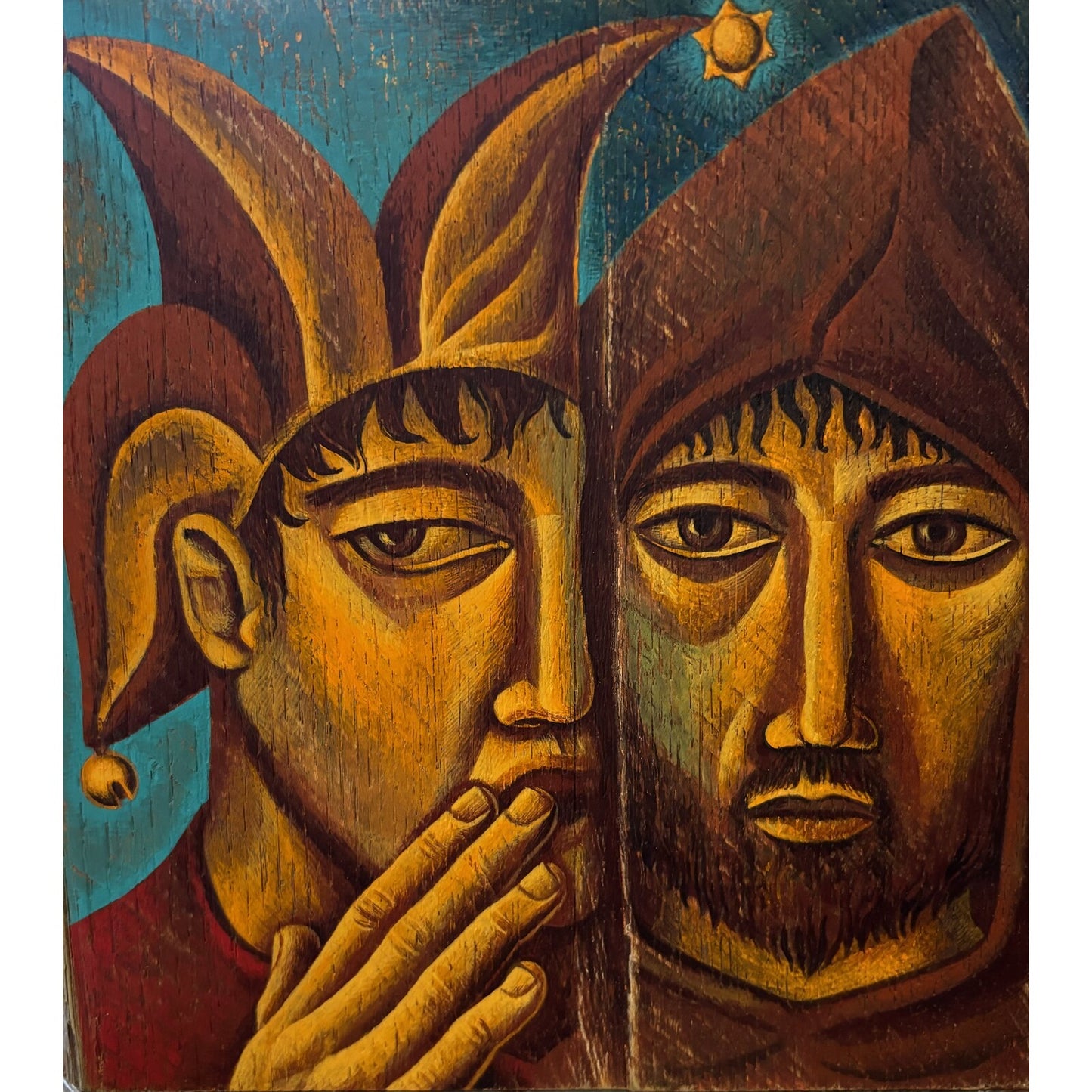 CD cover art: painted faces of a jester and a thoughtful man.