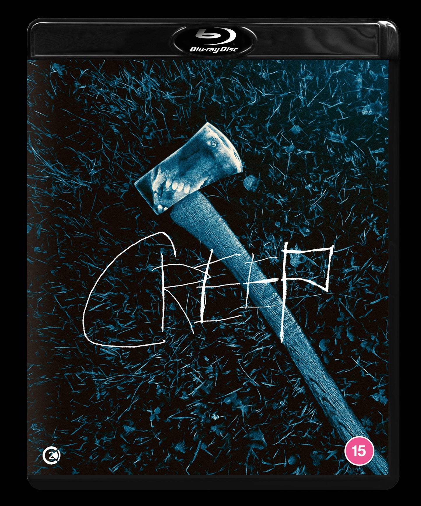 Blu-ray cover for Creep featuring an axe on dark grass with white handwritten text.