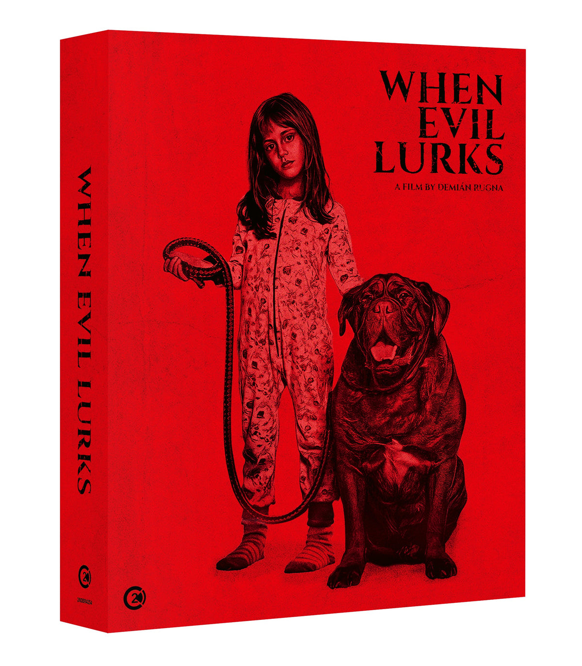 Red Blu-ray case featuring a child and large dog in a distressed style.