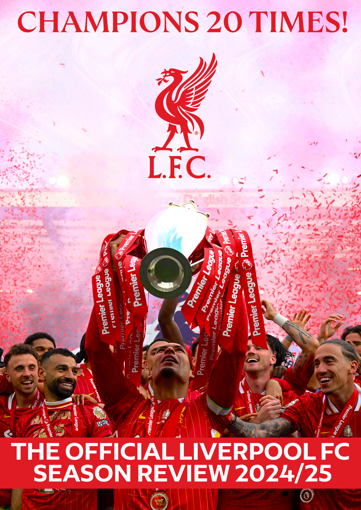 Liverpool FC players celebrating with the Premier League trophy, confetti falling.