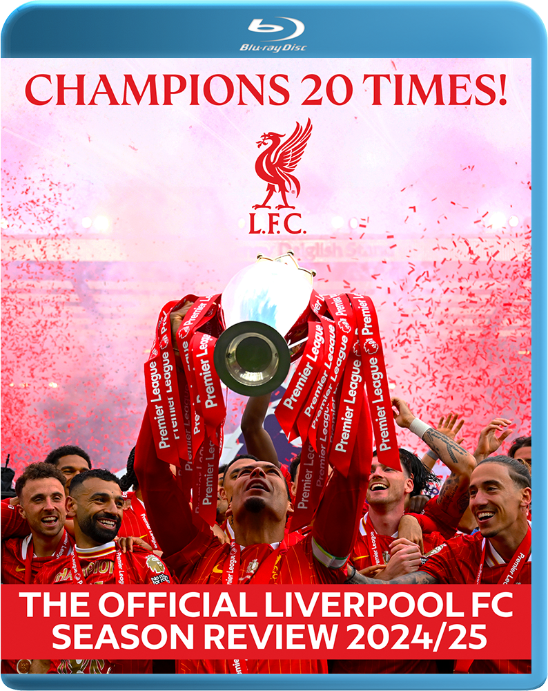 Liverpool FC Blu-ray cover with players holding trophy and confetti, red and blue colors.