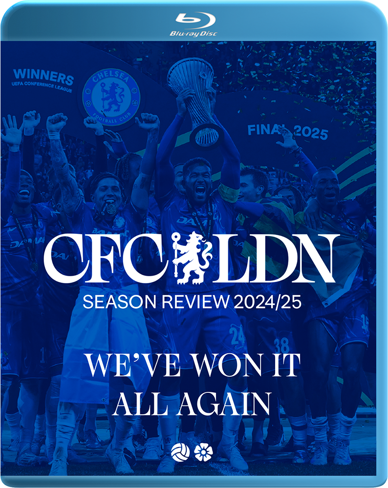 Chelsea FC 2024/25 season review Blu-ray cover, celebrating a win.