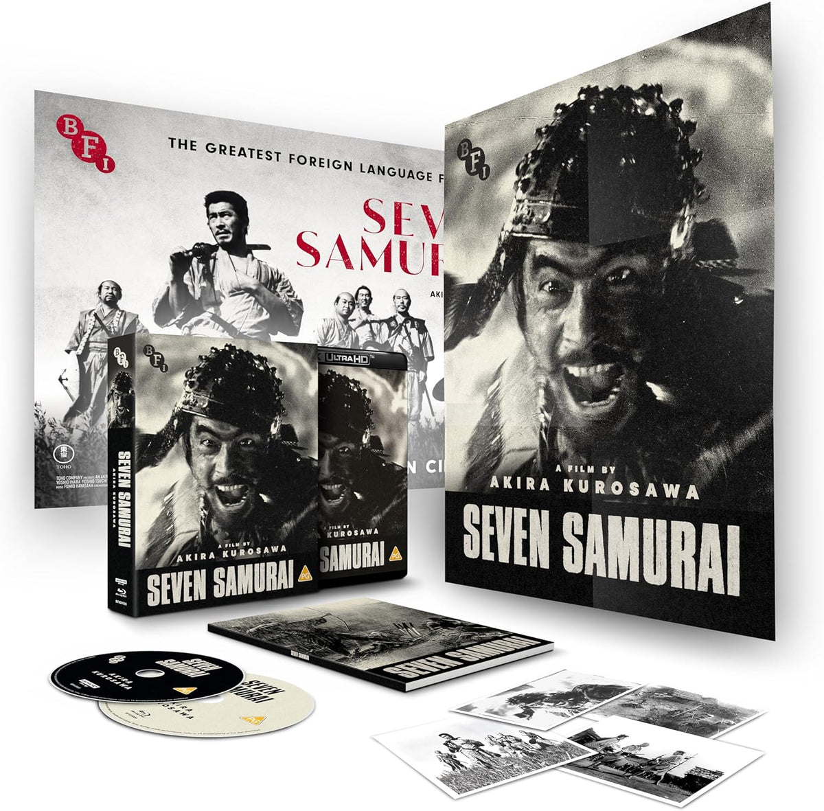 “Seven Samurai” 4K UHD Blu-ray box set with film stills and discs.