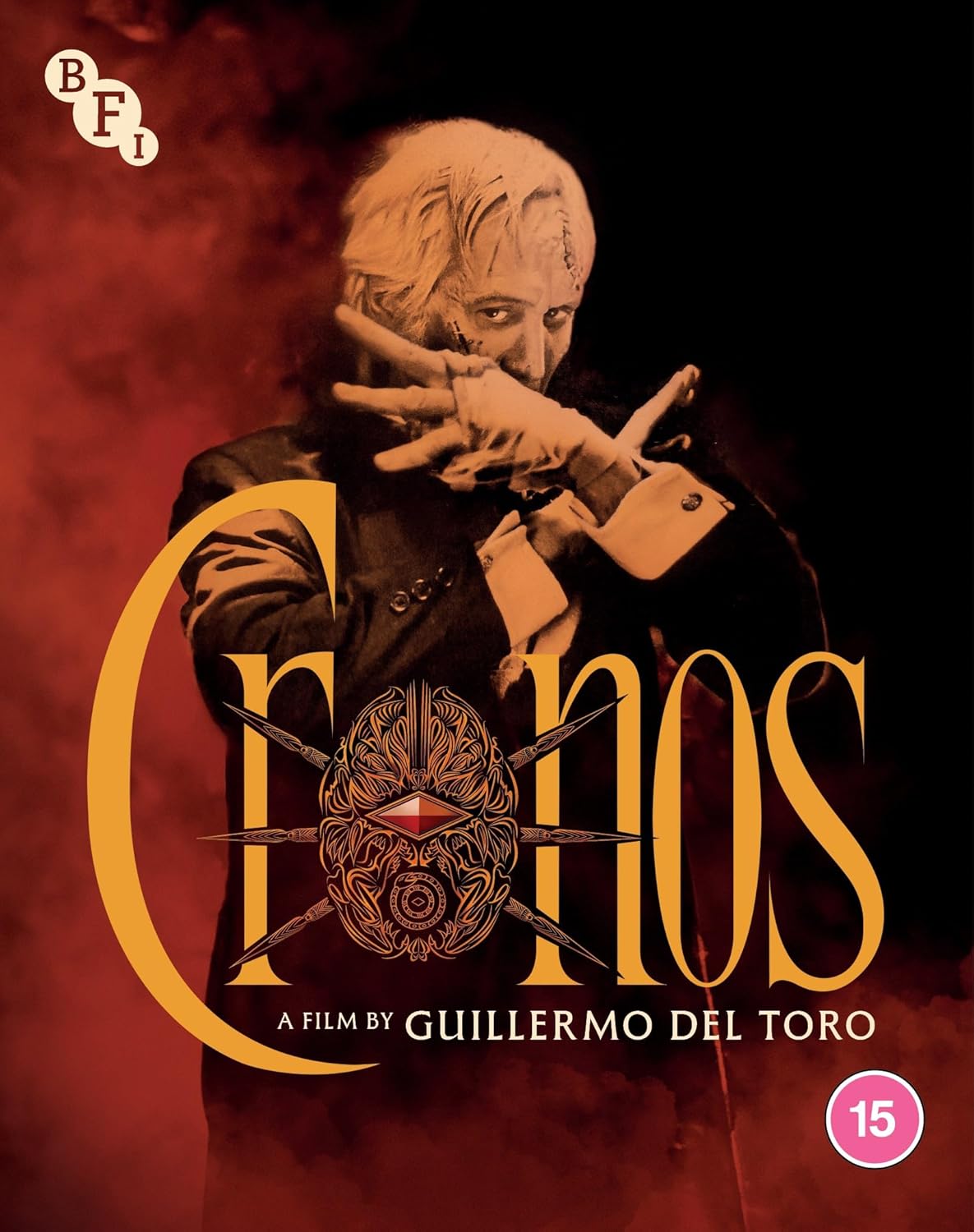 Cronos Blu-ray cover featuring a pale man with insect-like prosthetics.