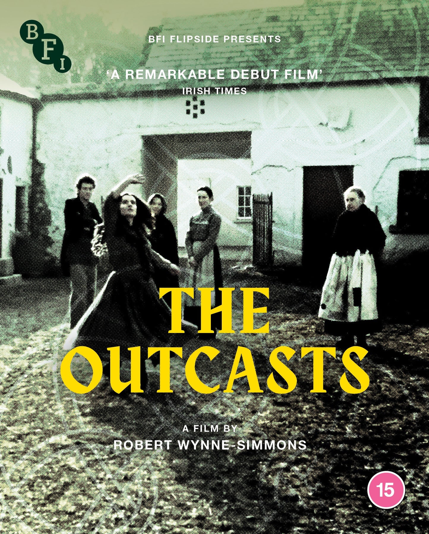 Blu-ray cover for The Outcasts featuring five people standing in a rural courtyard.