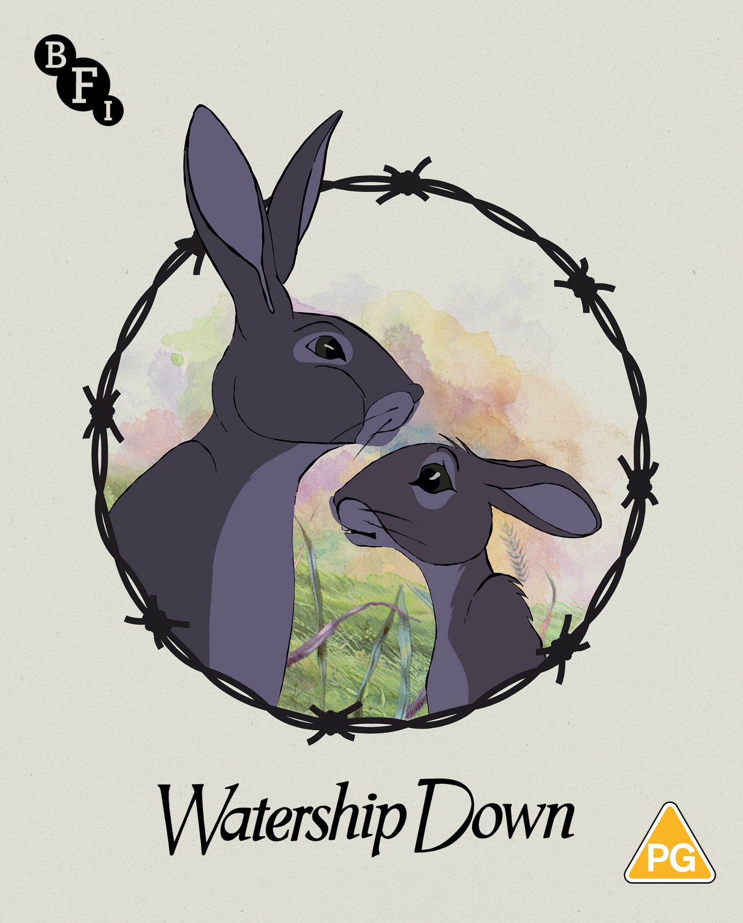 Two dark rabbits inside a barbed wire circle with watercolor grass and sky background.